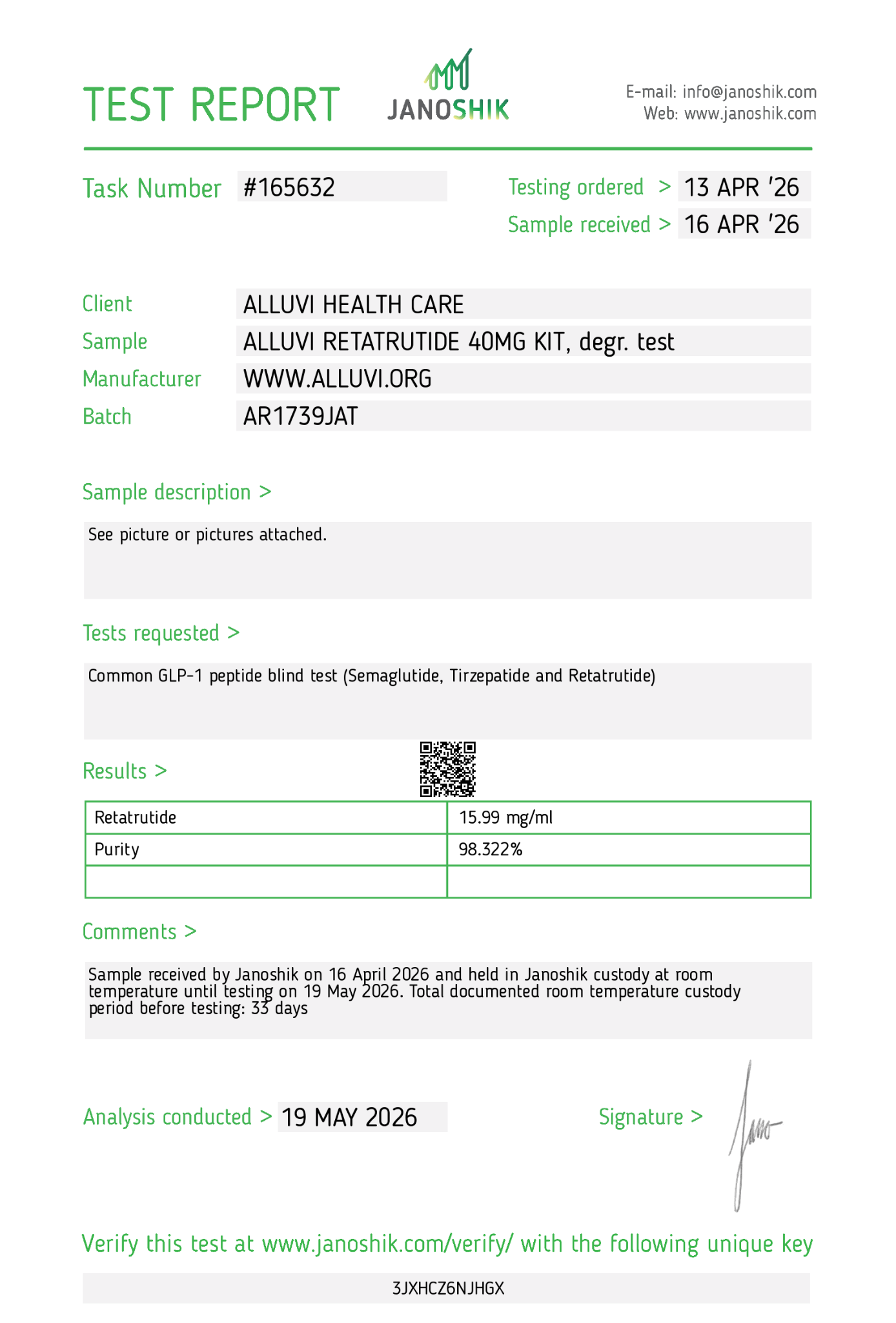Janoshik Alluvi Retatrutide degradation test report