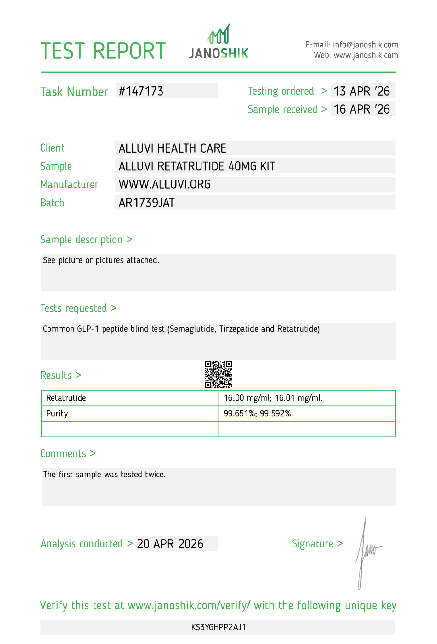 Janoshik initial Alluvi Retatrutide concentration and purity report